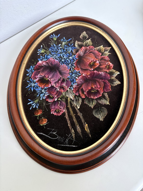 Image 1 of Vibrant Vintage Velvet Floral Painting - Small Oval Wooden Frame with Gold Trim (32x24.5cm)
