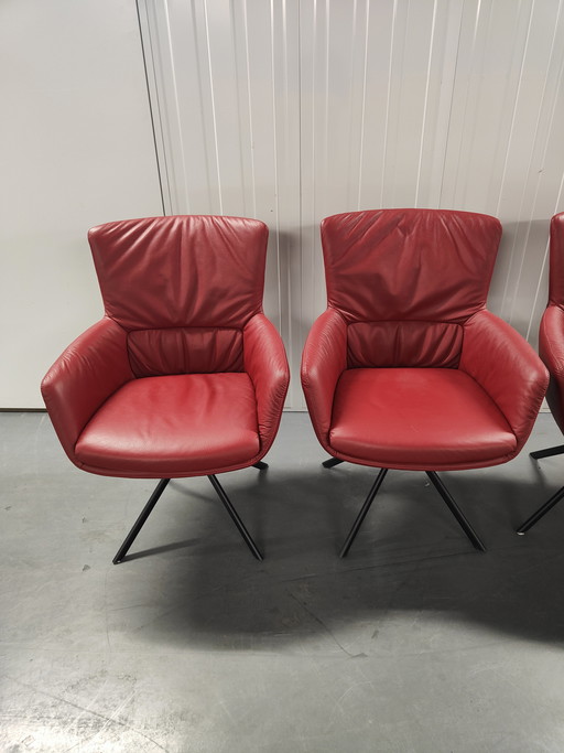 Set van 4 rood lederen  Bert Plantagie Eetkamerstoel Aida met arm Legere leer