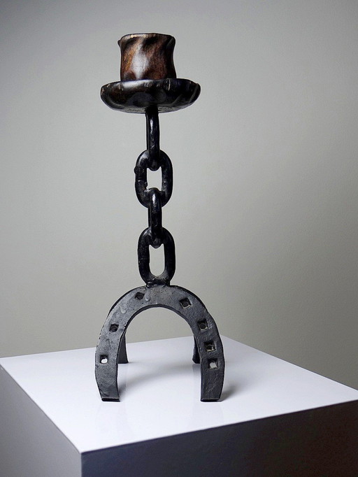 Vintage Brutalist Wrought Iron Candleholder Horseshoes Chain and Wood