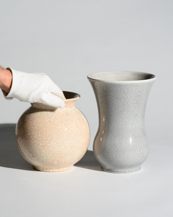 Image 1 of German Art Deco Crackle Glaze Ceramic Vase Duo Fürst Adolf Werkstätten Bückeburg