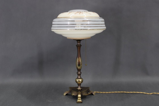 Image 1 of 1940s Restored Brass Table Lamp with Glass Shade