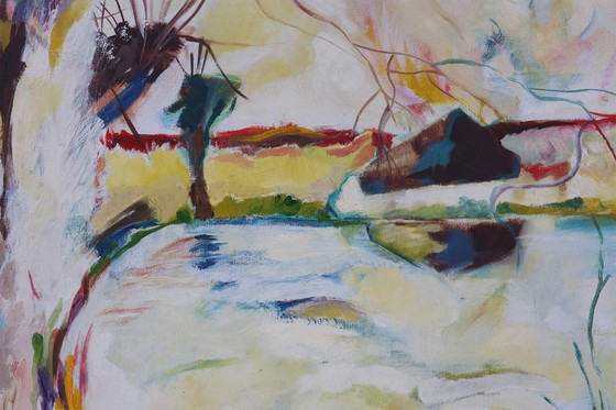 Image 1 of Paysage abstrait moderne, huile sur toile, signée, Belgique, 1982