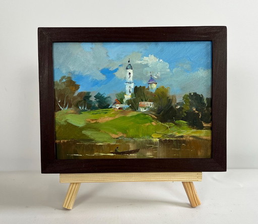 Origineel olieverfschilderij: Zomerlandschap met kerk. De dorpskerk is zichtbaar.