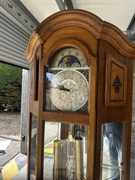 Grote eikenhouten staande klok met slagwerk en maanfase-indicator – Klokken, Wood, Brass (photo 12 of 15)