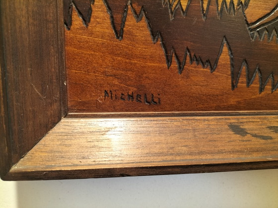Image 1 of Tableau mural vintage en bois style milieu du siècle par Michelli – Grand panneau représentant une scène de chasse
