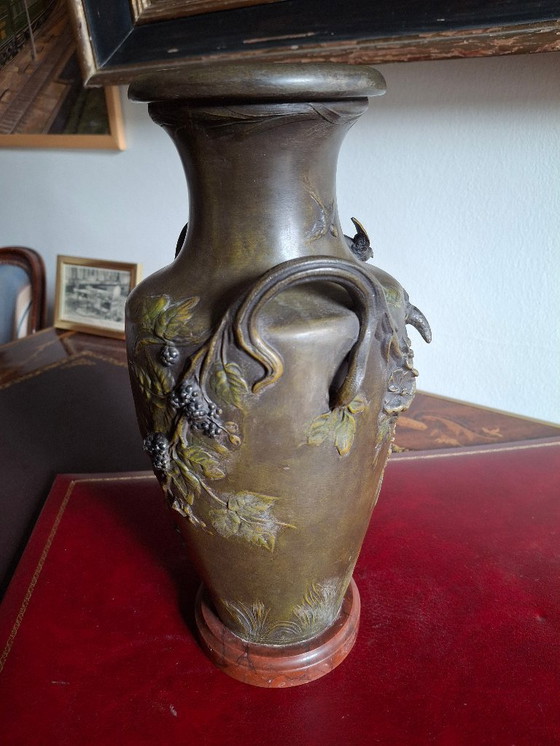 Image 1 of Pair of Art Nouveau spelter vases with triple patina, signed Louis and François Moreau