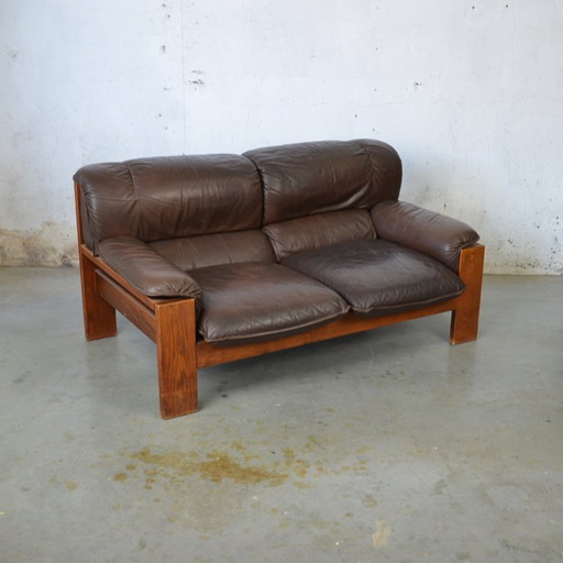 1x 2 seat leather couch in wooden frame