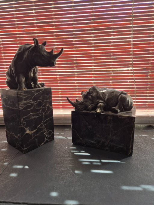 Two bronze rhinoceros statues