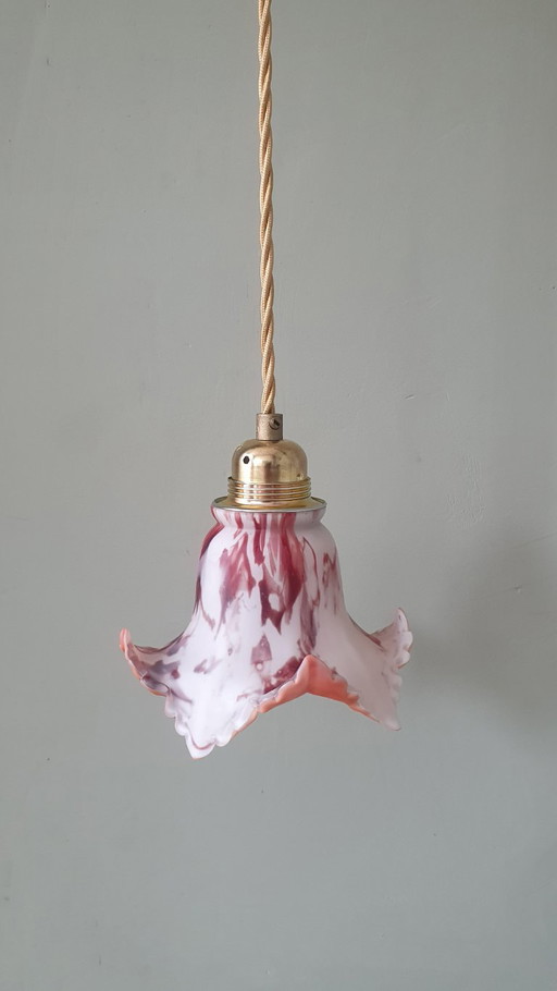 Suspension en verre ancien vintage. Marbré rouge et blanc. – hanglampen, Metal (photo 2 of 23)