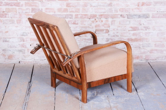 Restored Art Deco Reclining Armchair, Walnut, High Gloss, Czech. 1920s – Metal, Textile (photo 6 of 14)
