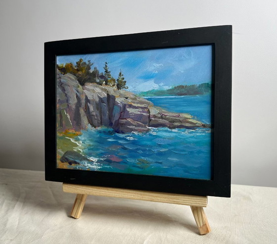 Image 1 of Peinture à l'huile originale, paysage rocheux d'été, journée nuageuse en mer