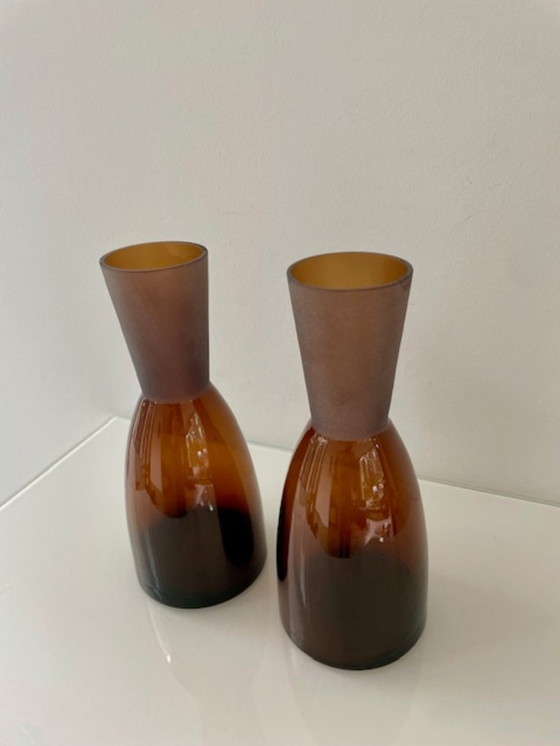 Image 1 of Set of 2 amber-colored Scandinavian design carafes / vases