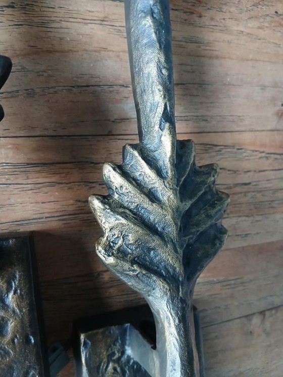 Image 1 of Rari e unici 2 o 4 applique da parete in bronzo con motivo a foglia di pianta di Lucien Gau, modello Folio