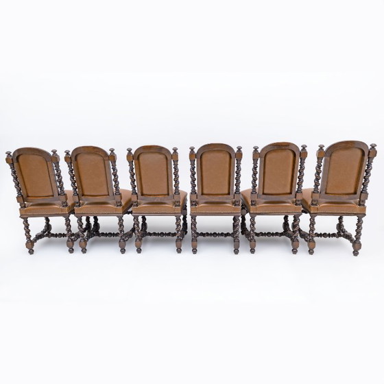 Image 1 of Six of Antique Italian Neo-Renaissance Walnut Dining Chairs in Genuine Leather.