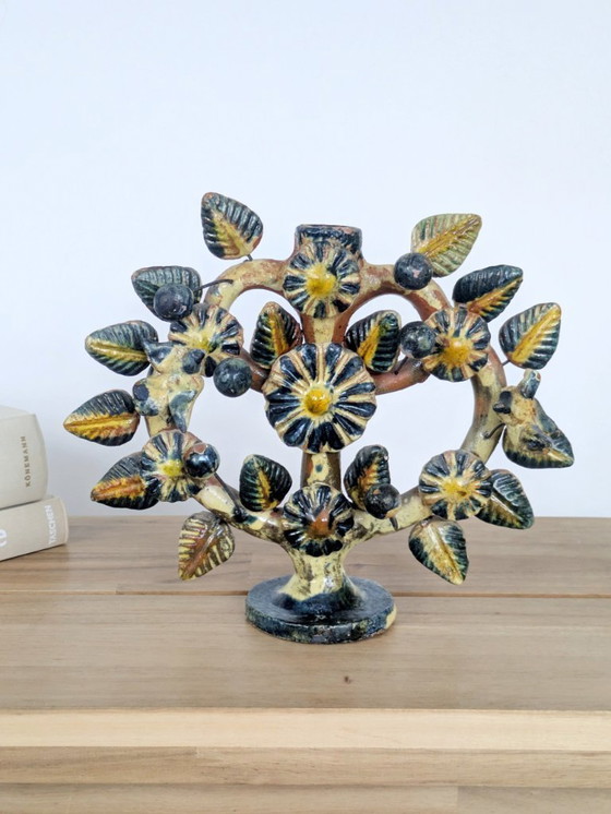 Image 1 of Vintage Mexican Tree of Life Ceramic Candleholder, 1970s Folk Art Candelabra with Birds & Flowers