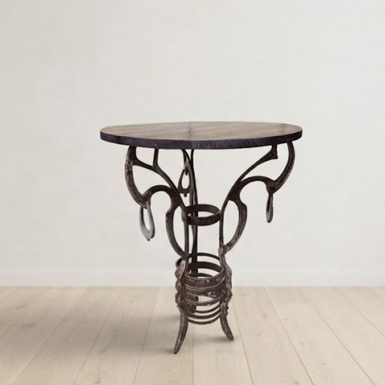 Tavolino rotondo artigianale con base in ferro battuto, circa anni '80, Cecoslovacchia, 67 × 50 cm – Tavolini (photo 2 of 9)