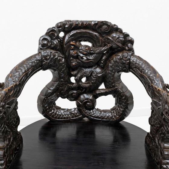 Image 1 of Pair of Chinese Qing Dynasty Carved Dragon Armchairs, Ebonized Hardwood, 19th
