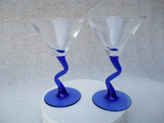 Image 1 of Zigzag 4 Martini cocktail glazen, vintage, van Libby Watusi, twee kleuren.  
