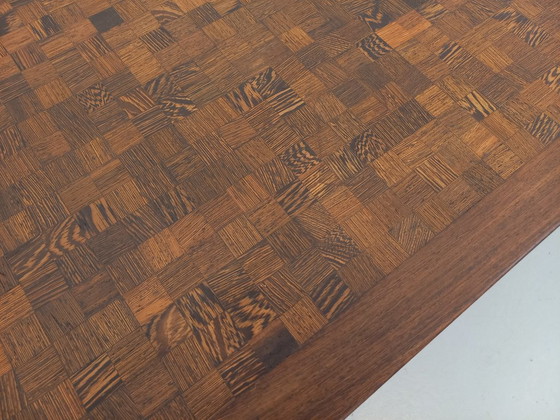 Image 1 of Vintage rectangular coffee table by Dieter Wackerlin in wenge wood mosaic and black metal legs from the 60s/70s