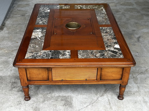 Table basse Robert Tissot en merisier massif, marbre et rafraîchissoir - années 70