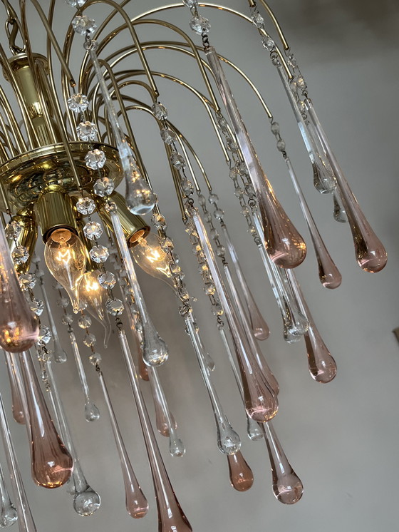 Image 1 of Lampada a sospensione vintage XXL in cristallo rosa a goccia, italiana