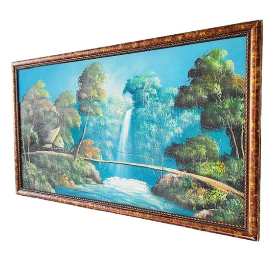 Image 1 of Vintage Indonesiano pittura ad olio XL paesaggio cascata