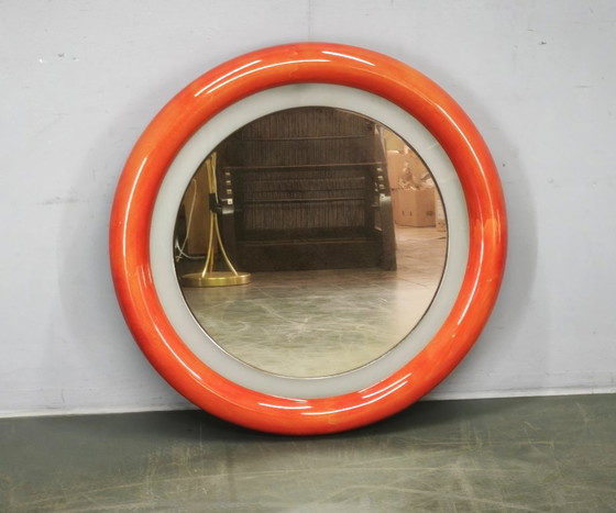 Italian Space Age Illuminated Round Wall Mirror, 1970s – Wood (photo 2 of 12)