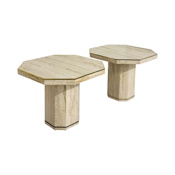 Image 1 of Pair of Willy Rizzo for Jean Charles Mid-Century Italian Modern Travertine Low Octagonal Tables