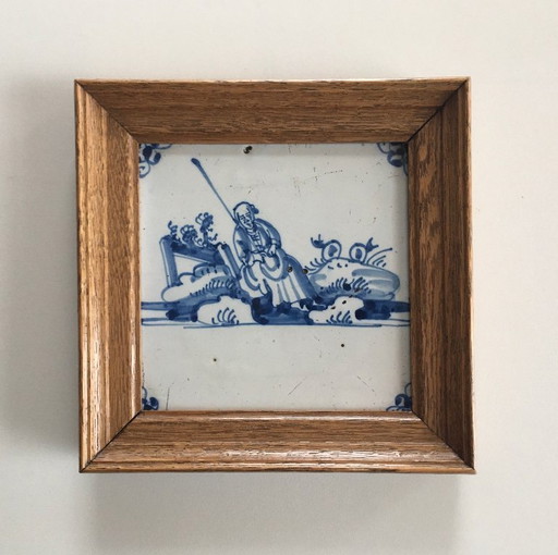 Azulejo azul de Delft de aproximadamente 1650-1750 con marco de roble