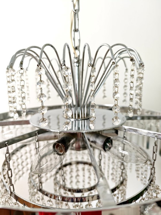 Image 1 of Mid Century Chrome Crystal Chandelier / Retro Tier Waterfall Ceiling Light / 1970s Hollywood Regency Pendant Lamp / Vintage Hang