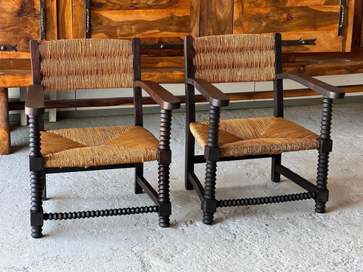 PAIR OF OAK AND WOVEN REED ARMCHAIRS 1940