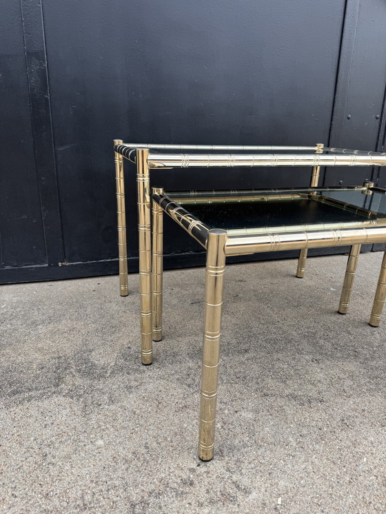 Image 1 of Nesting tables in gold-tone metal, bamboo, and mirror, 1970s style