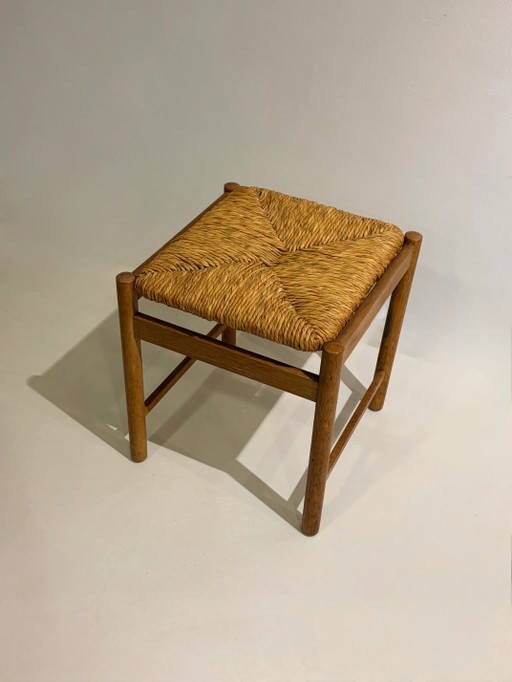 Tabouret vintage en chêne avec assise tressée