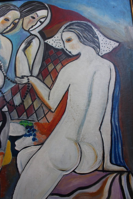Image 1 of Modernist Hungarian Style Oil Painting Three Graces Homage to Béla Kádár