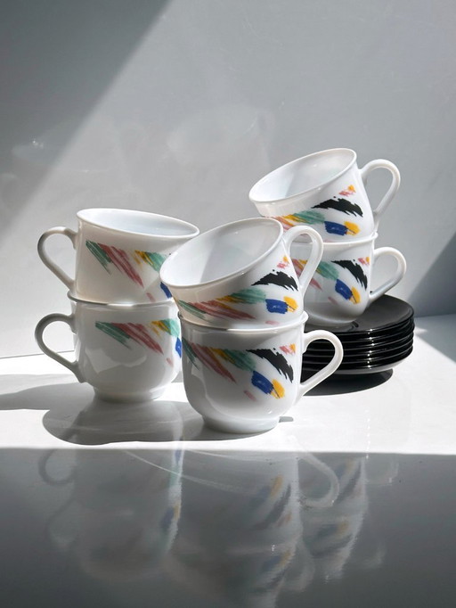 6x Vintage Arcoroc Tasse Weiß Bunt Frankreich Set 80er 90er Luminarc Octime France 