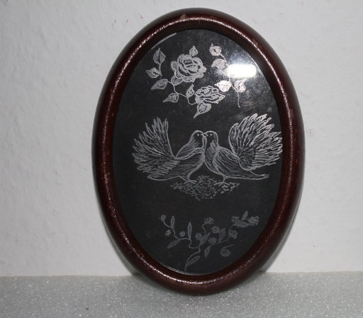 Art Nouveau glas-in-loodraam circa 1910, motief: tortelduiven, huwelijksgeschenk, verlovingsgeschenk