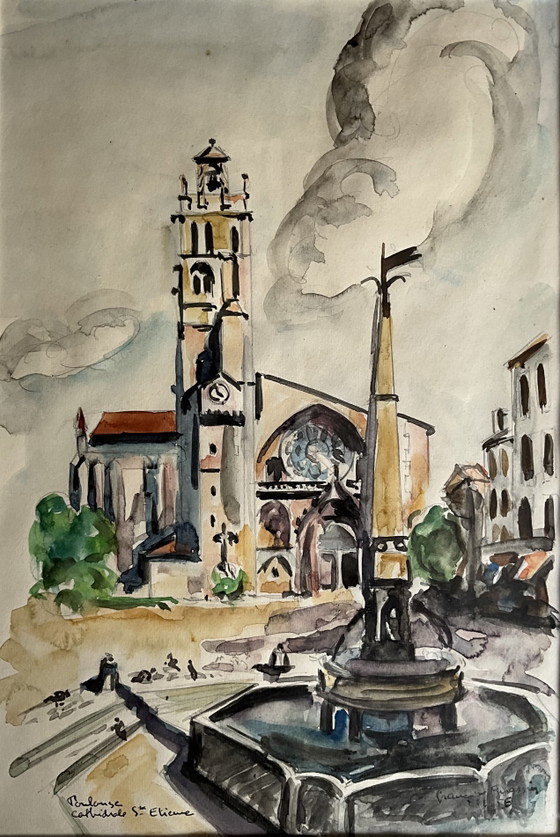 Image 1 of Originele aquarel van de kathedraal van Toulouse, Frankrijk – Françoise Grassin, 1956