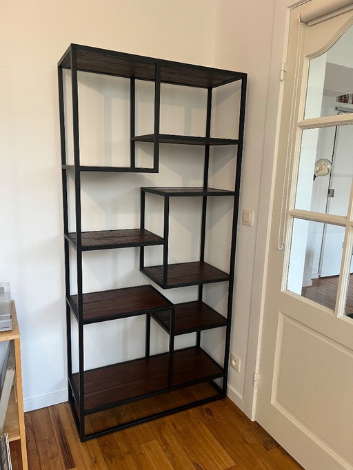 Mensola a muro aperta MUMBAI in legno di acacia e struttura in metallo nero