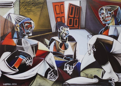 Lithographie d'artiste encadrée - Jone HOPPER - Femmes d'Alger dans leur appartement