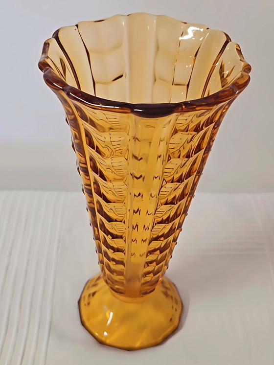 Image 1 of Vintage Ząbkowice Vase – Amber Pressed Glass (Mid-Century / 1970s)