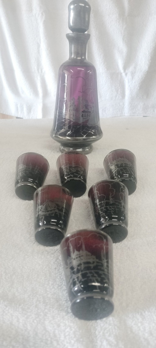 Murano liqueur set  - Amathist & zilveren Overlay 