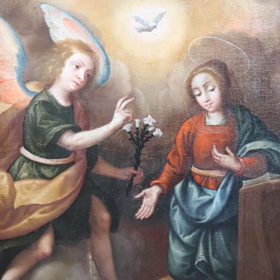 Image 1 of La Anunciación, Italia, siglo XVII, pintura al óleo antigua sobre lienzo.
