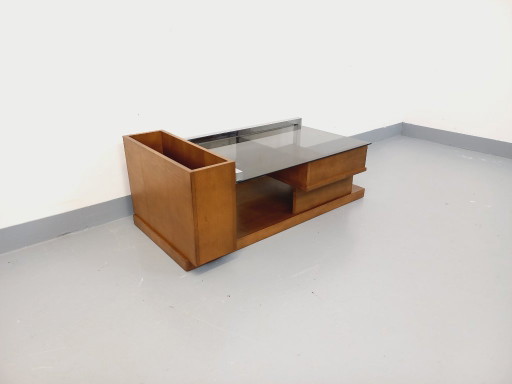 Vintage modernistische rechthoekige salontafel met houten nissen, chroom en rookglas uit de jaren 70.