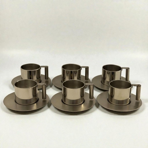 Italienische Espressotassen und Untertassen aus Edelstahl von Vemi (6er-Set)