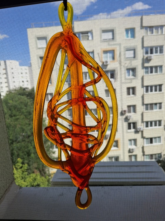Image 1 of Grand attrape-soleil en verre d'art Bergdala (Suède) de 33 cm, par Elving Conradsson - Corde bleue d'origine