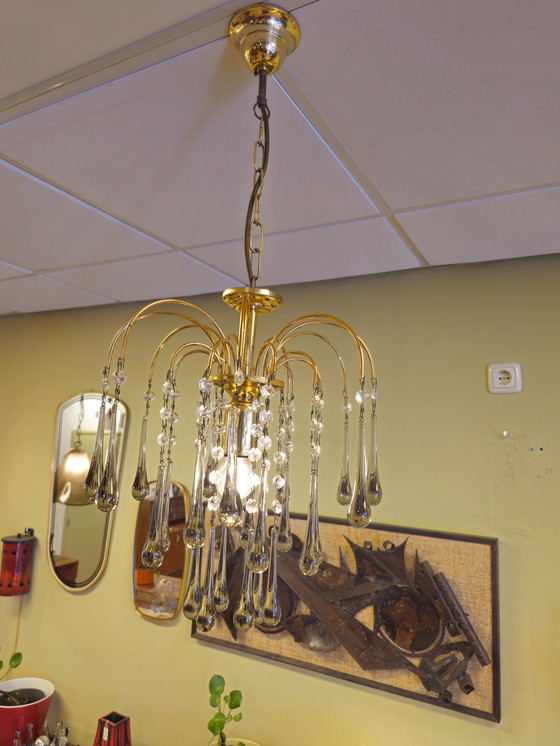 Image 1 of Lampadario a goccia vintage di Murano Lampada a sospensione in ottone fumé