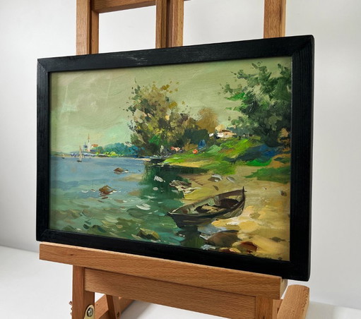 Original Oil Painting Summer Beach Landscape Boat near the shore