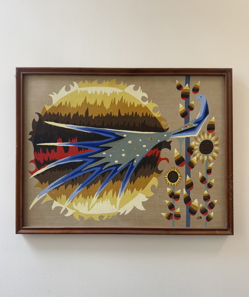 Tableau peinture oiseau bleu années 60