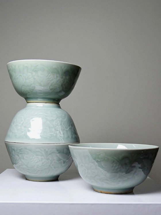 Image 1 of 4 Vintage celadon porcelain Chinese rice bowls from the 1970s-80s with koi carp reliefs