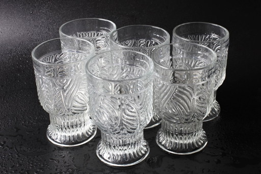Set of 6 Mid-century Rare Pressed Glass Glasses / Libochovice / Czech Republic / 1981